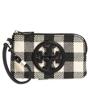 NWT Tory Burch Perry Bombe Card Case Small Leather Wristlet GINGHAM Black Ivory